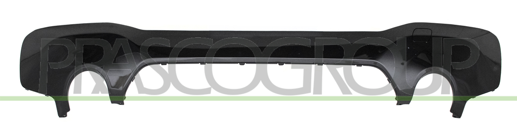 REAR BUMPER MOLDING-CENTRE-BLACK-GLOSSY-WITH TOW HOOK COVER-WITH PDC CUTTING MARKS-WITH SINGLE EXHAUST HOLE ON RIGHT AND LEFT SIDE