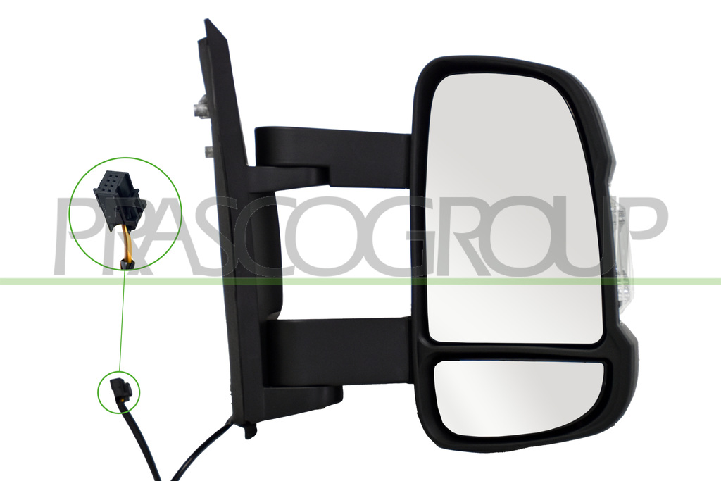 DOOR MIRROR RIGHT-MANUAL-BLACK-WITH CLEAR LAMP-CONVEX-MEDIUM ARM-2 PINS