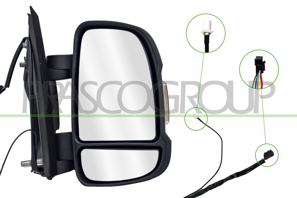 DOOR MIRROR RIGHT-ELECTRIC-BLACK-HEATED-WITH LAMP-WITH RADIO ANTENNA-BULB 16W-SHORT ARM-CONVEX-9 PINS
