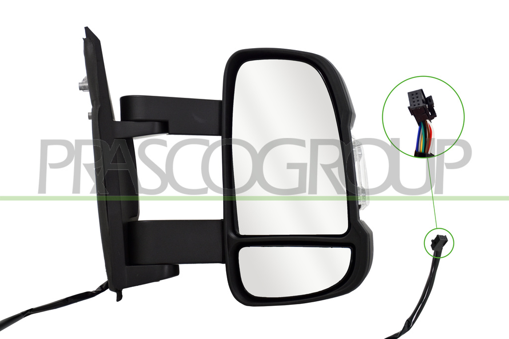 DOOR MIRROR RIGHT-ELECTRIC-BLACK-HEATED-WITH CLEAR LAMP-CONVEX-MEDIUM ARM-8 PINS