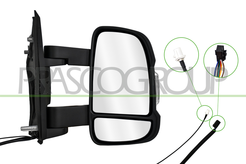 RETROVISORE DESTRO-ELETTRICO-NERO-TERMICO-CON FANALE-CON ANTENNA RADIO-LAMPADINA 5W-BRACCIO MEDIO-CONVESSO-9 PINS