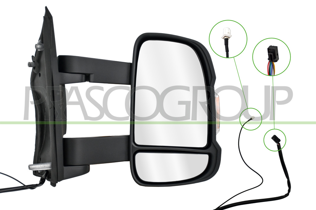DOOR MIRROR RIGHT-ELECTRIC-BLACK-HEATED-WITH LAMP-WITH RADIO ANTENNA-BULB 16W-LONG ARM-CONVEX-9 PINS