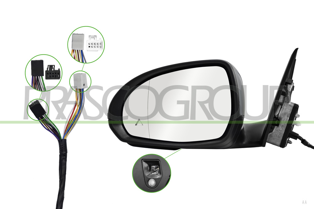 DOOR MIRROR LEFT-ELECTRIC-PRIMED-HEATED-FOLDABLE-WITH LAMP-WITH MEMORY-WITH AMBIENT LIGHT-WITH BLIS-ASPHERICAL-16 PINS