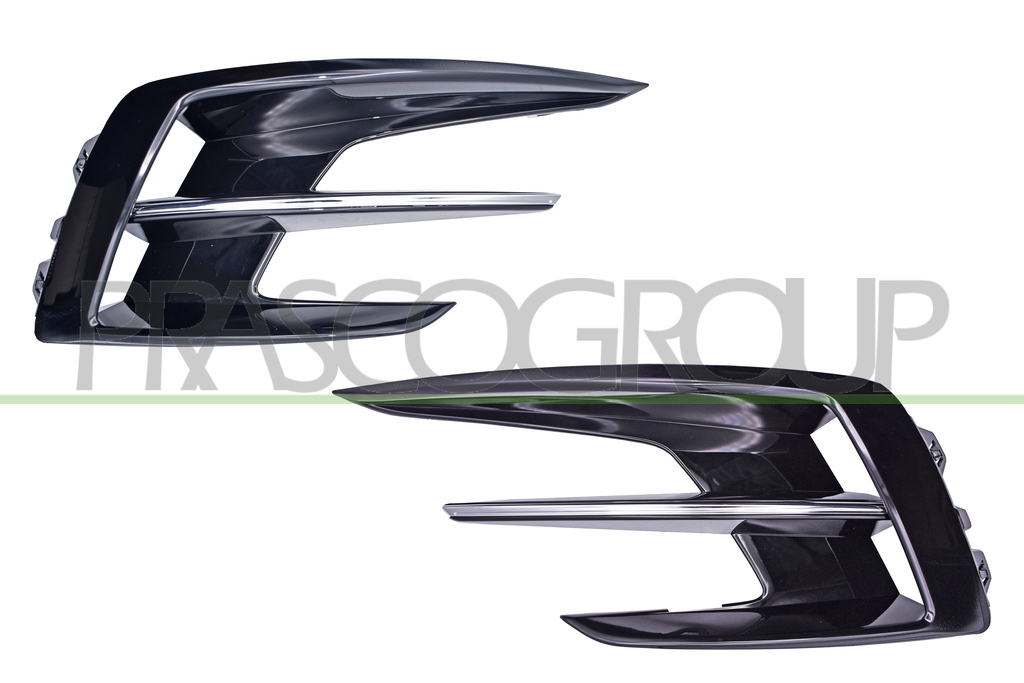 SET OF FRONT BUMPER GRILLE-BLACK-GLOSSY-WITHOUT FOG LAMP HOLES-WITH MOLDING CHROME (RIGHT+LEFT)