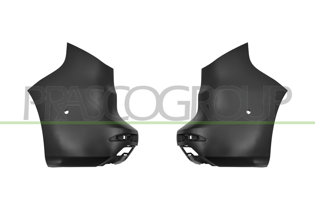 SET OF REAR BUMPER END CUP-(RIGHT+LEFT)-BLACK-SMOOTH TO BE PRIMED-WITH PDC HOLE-(2 PIECES)
