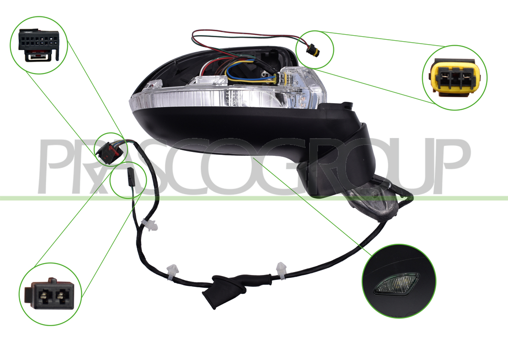 DOOR MIRROR RIGHT-ELECTRIC-PRIMED-HEATED-WITH LAMP-WITH AMBIENT LIGHT-WITH BLIS-CONVEX-7 PINS