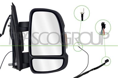 DOOR MIRROR RIGHT-ELECTRIC-BLACK-HEATED-WITH LAMP-WITH RADIO ANTENNA-BULB 16W-SHORT ARM-CONVEX-9 PINS