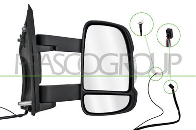 DOOR MIRROR RIGHT-ELECTRIC-BLACK-HEATED-WITH LAMP-WITH RADIO ANTENNA-BULB 5W-LONG ARM-CONVEX-9 PINS